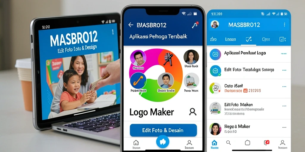 Screenshot utama MASBRO12 menampilkan antarmuka logo maker yang menarik dan intuitif.
