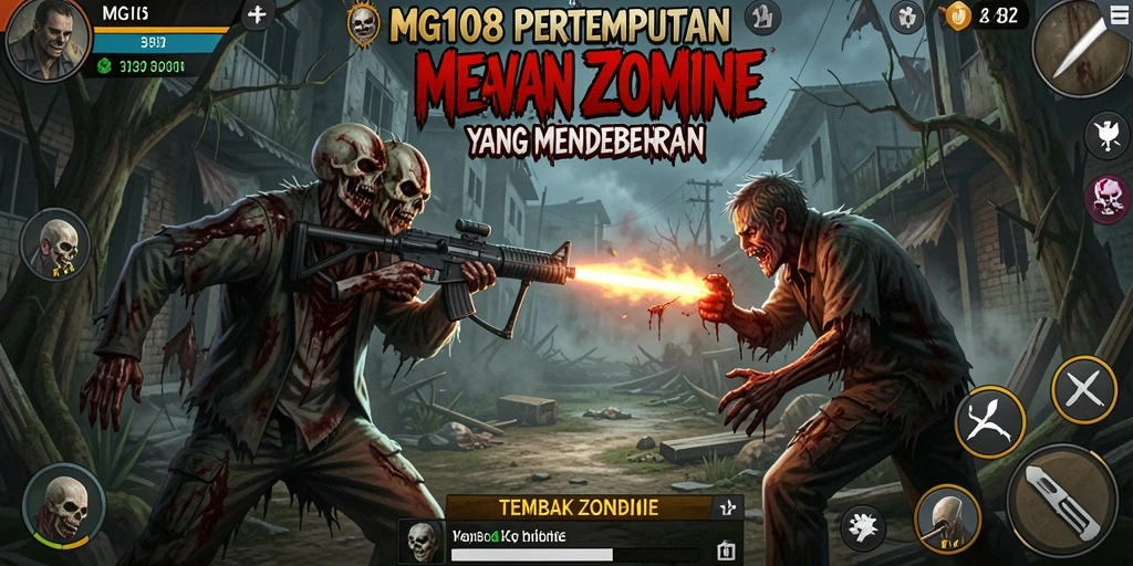 Tampilan antarmuka MG108 saat menembak zombie yang menyeramkan.